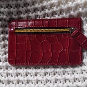 Red Croc-Embossed Leather Card Wallet with Gold Zipper